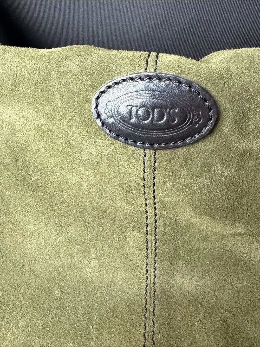 TOD’S Olive Green Suede Tote with Black Leather Handles